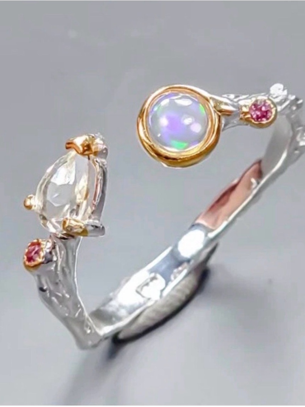 Sterling Silver Doube Opal Open Ring with Garnet Accent Stones